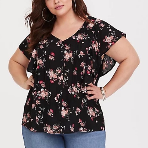 Torrid Black Floral Pintuck Button Up Blouse, 3X